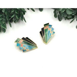 Art Deco Style Geometric Fan Earrings With Gold-Tone Clip-On Back